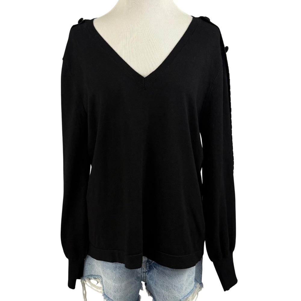 Karl Lagerfeld Paris Sweater Women Large Black V-Neck Button Sleeve Knit